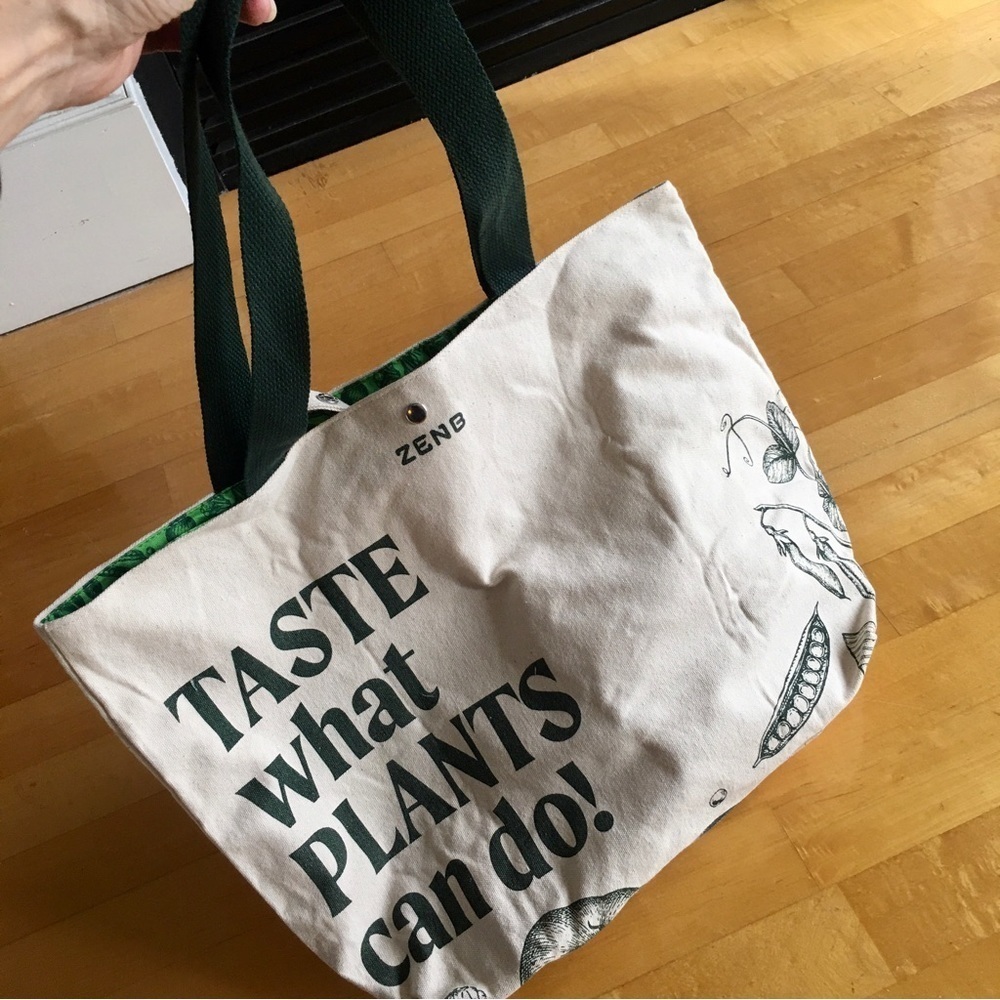 “Taste What Plants Can Do” Large Canvas Tote Bag, Beige, Green